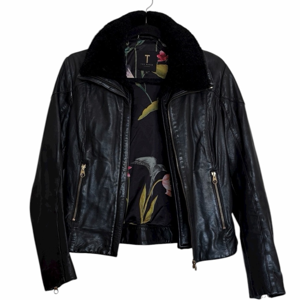 Ted Baker Leather Black Jacket with Shearling Trim